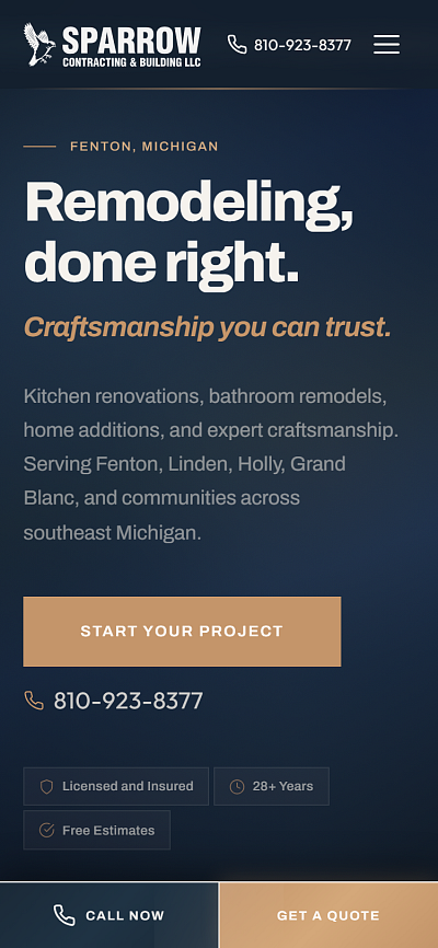 Sparrow Contracting &amp; Building - Contractor Website mobile screenshot