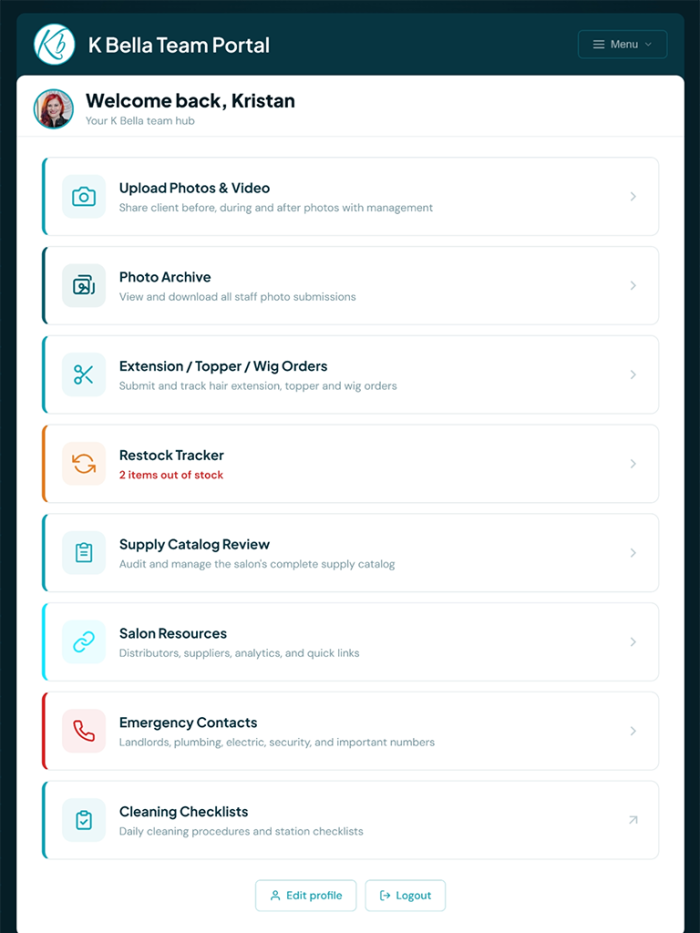 K Bella Team Portal - Staff Management App tablet view